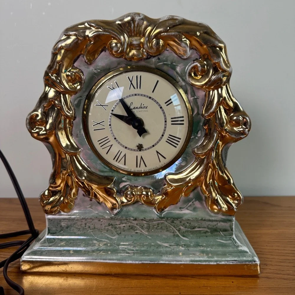 Lanshire Self Starting Mantle Clock Blue Marble‎ Gold Trim Ceramic